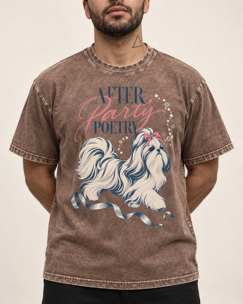 After Party Poetry Shih Tzu Washed Tee in Coffee, worn by a model, front view