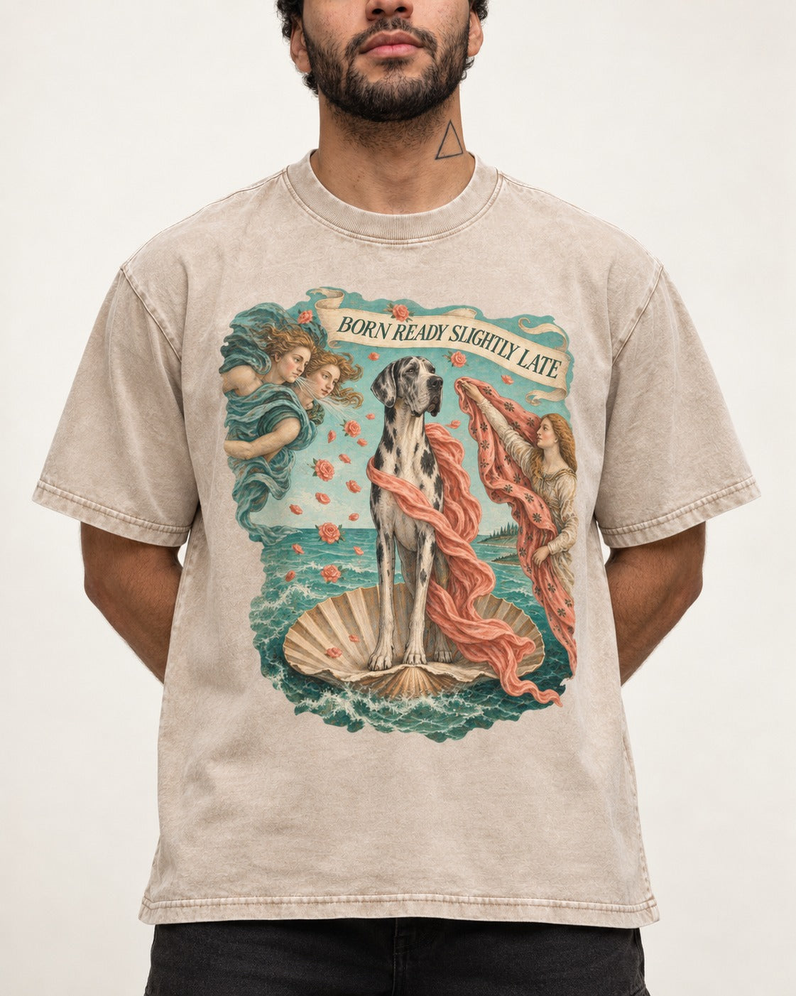 Great Dane Born Ready Slightly Late Washed Tee in Apricot, worn by a model, front view