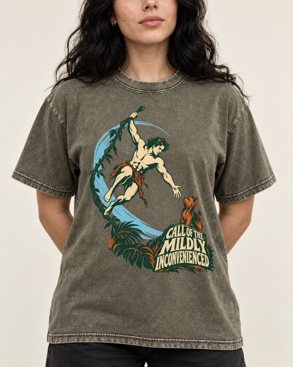 Yorkshire Terrier Call of the Mildly Inconvenienced Vine Swing Graphic Washed Tee in Army Green, worn by a model, front view