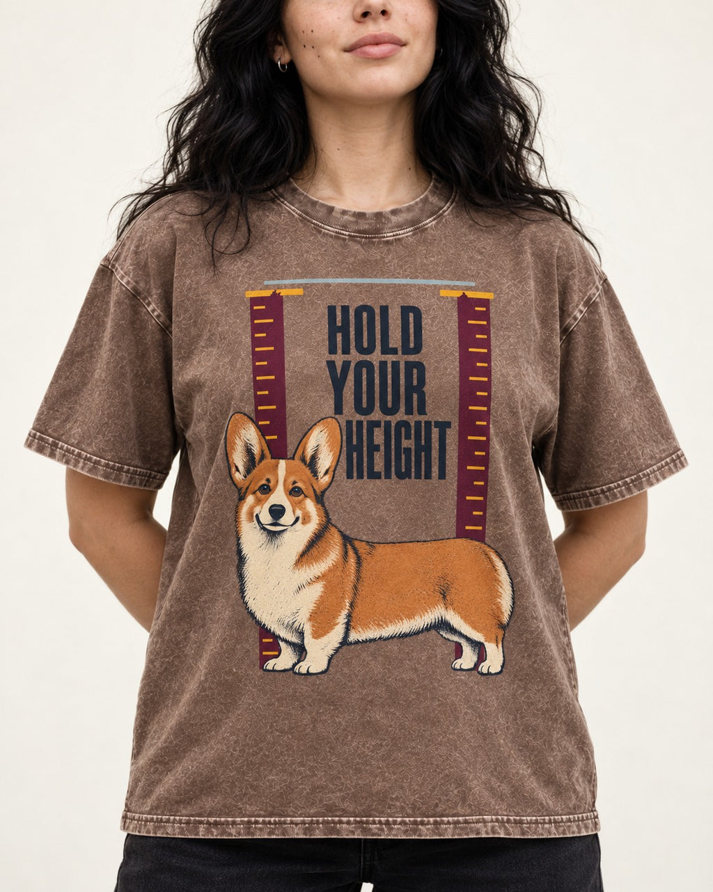 Corgi Hold Your Height Washed Tee in Coffee, worn by a model, front view
