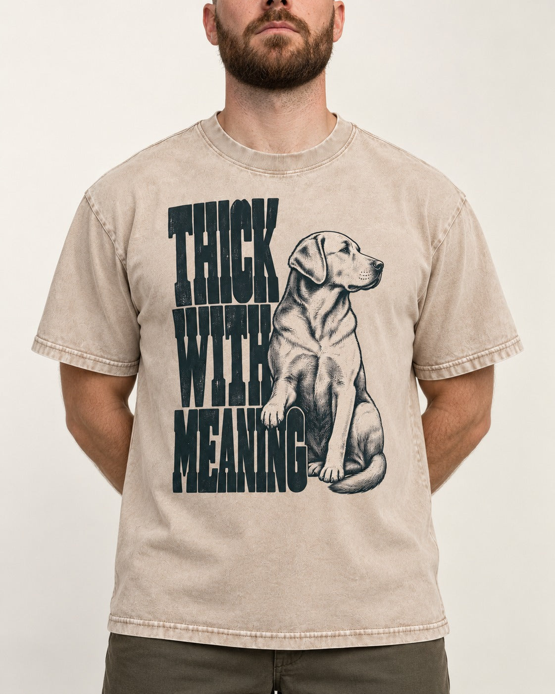 Thick with Meaning Labrador Retriever Washed Tee in Apricot, worn by a model, front view