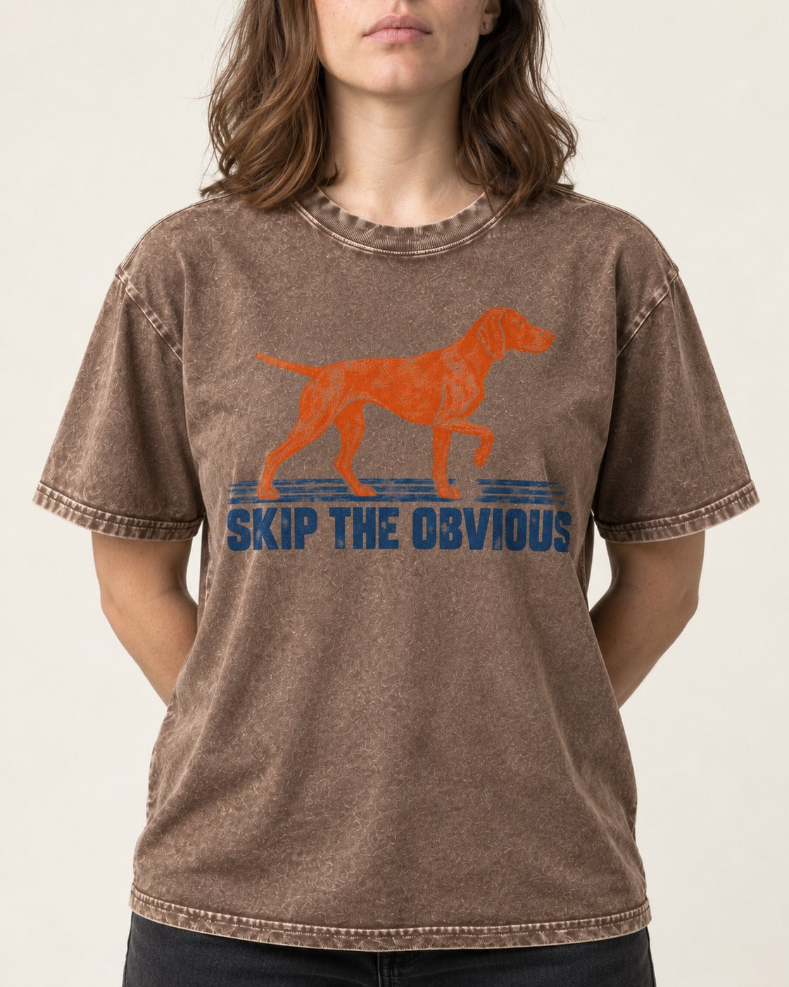 Skip the Obvious German Shorthaired Pointer Washed Tee in Coffee, worn by a model, front view