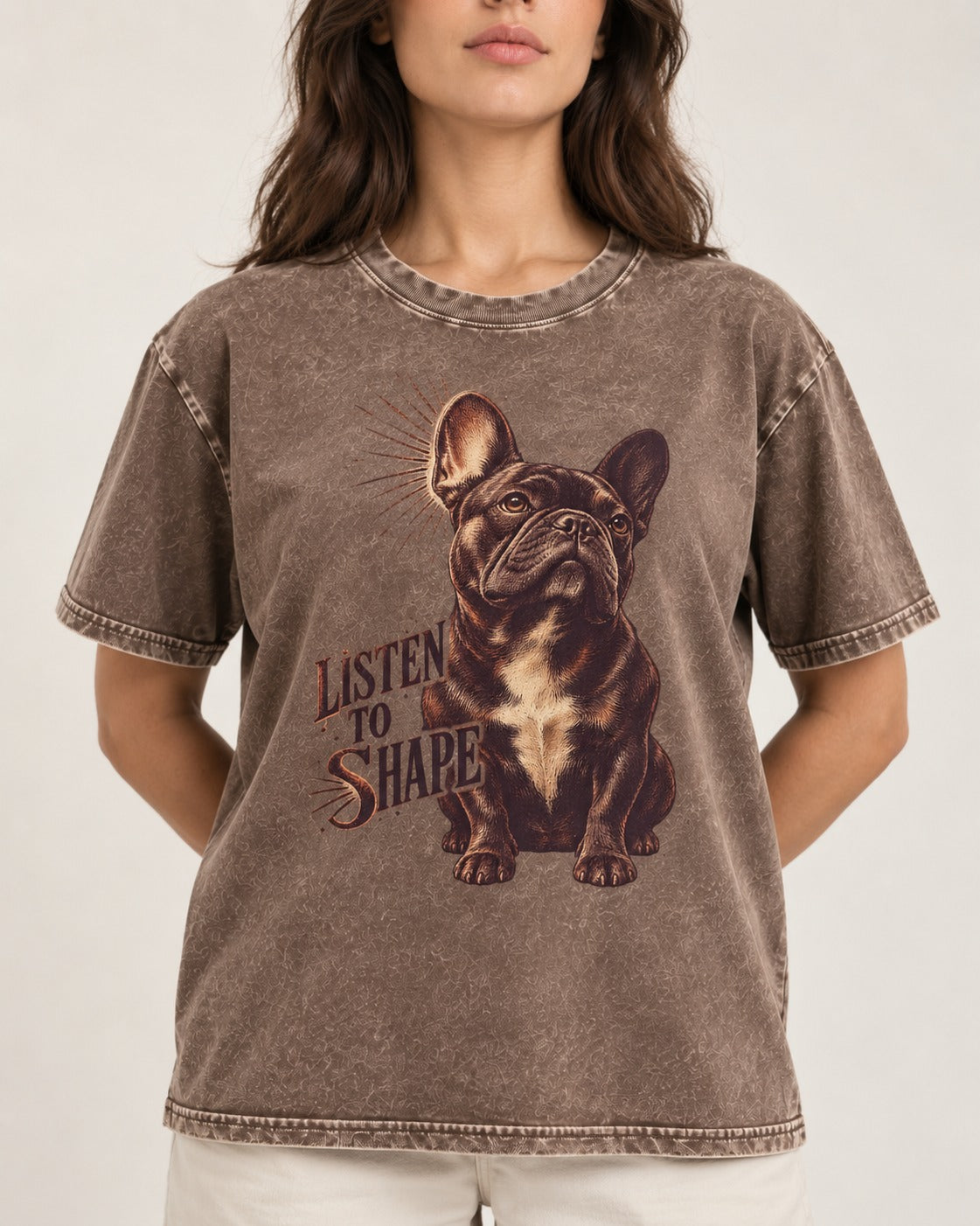 Listen to Shape Frenchie Washed Tee in Coffee, worn by a model, front view