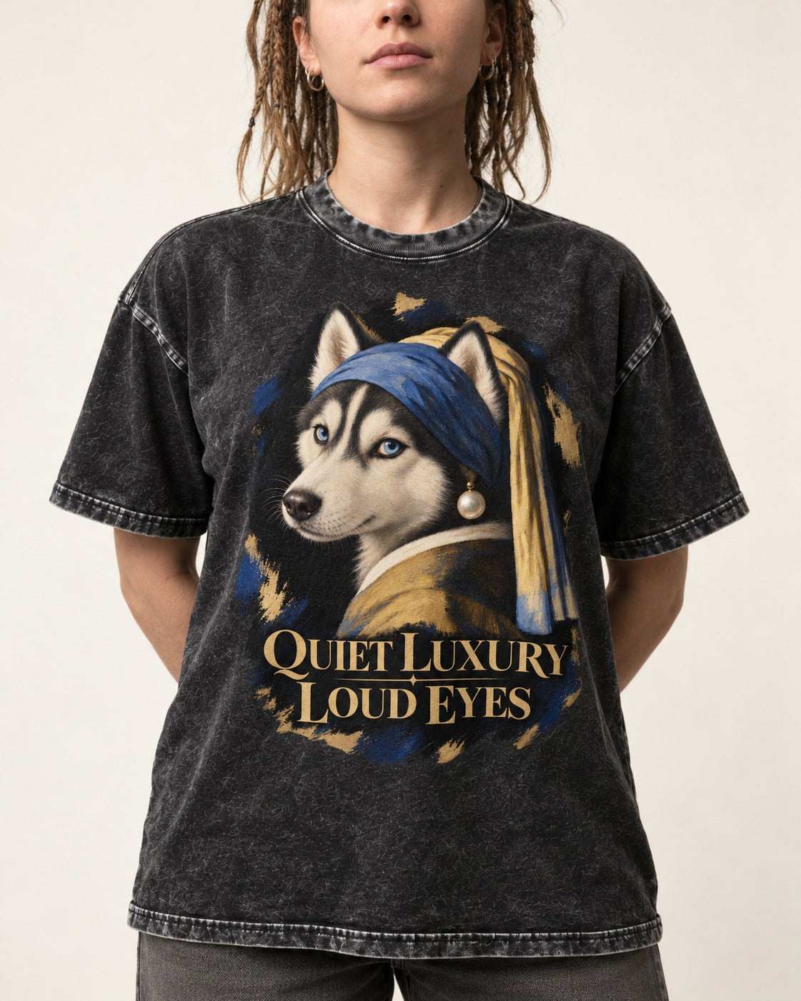 Husky Quiet Luxury Loud Eyes Pearl Portrait Graphic Washed Tee in Black, worn by a model, front view