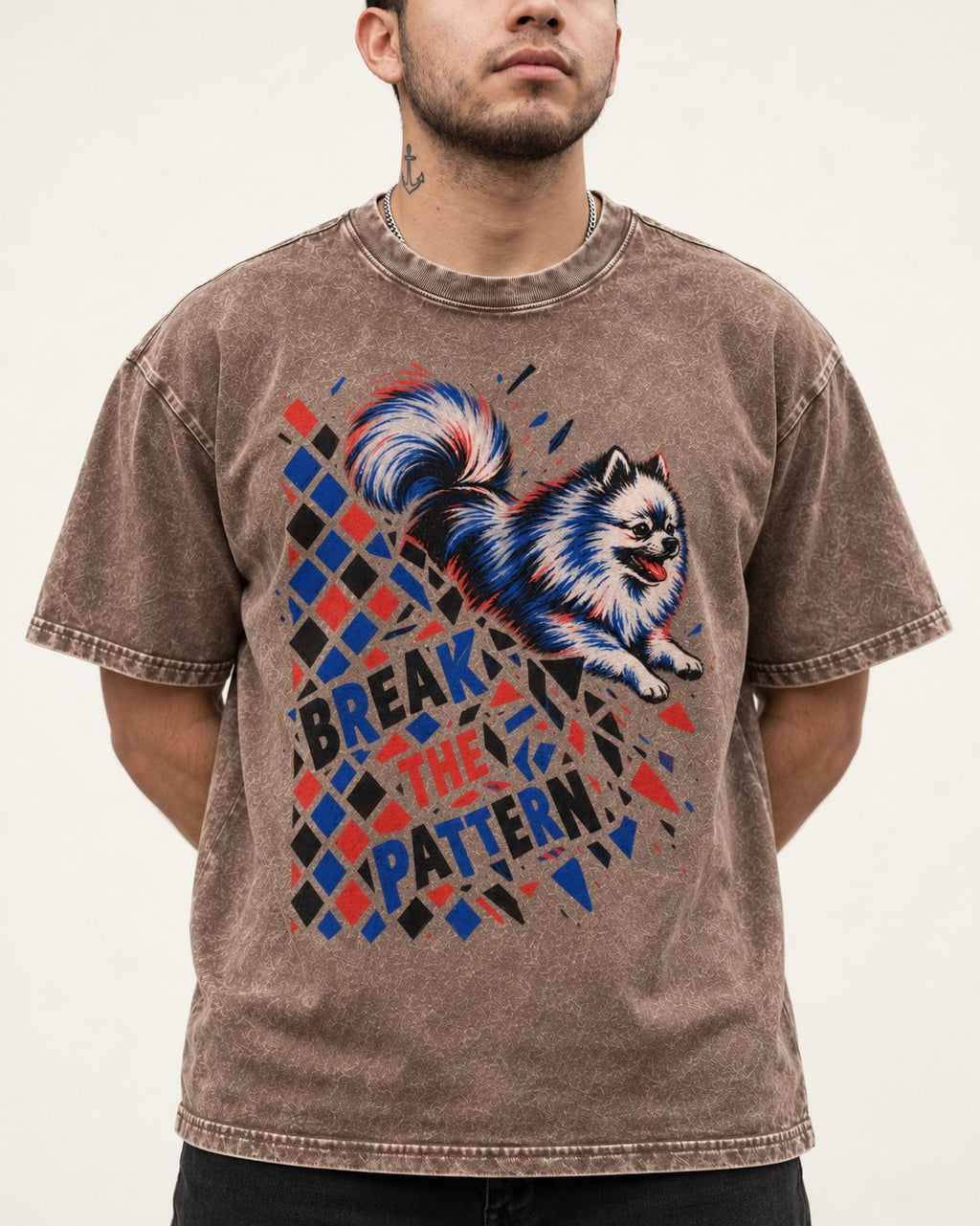 Pomeranian Break the Pattern Washed Tee in Coffee, worn by a model, front view