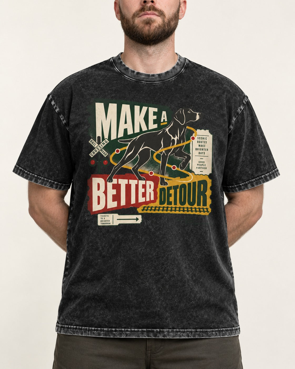 German Shorthaired Pointer Make a Better Detour Railroad Graphic Washed Tee in Black, worn by a model, front view