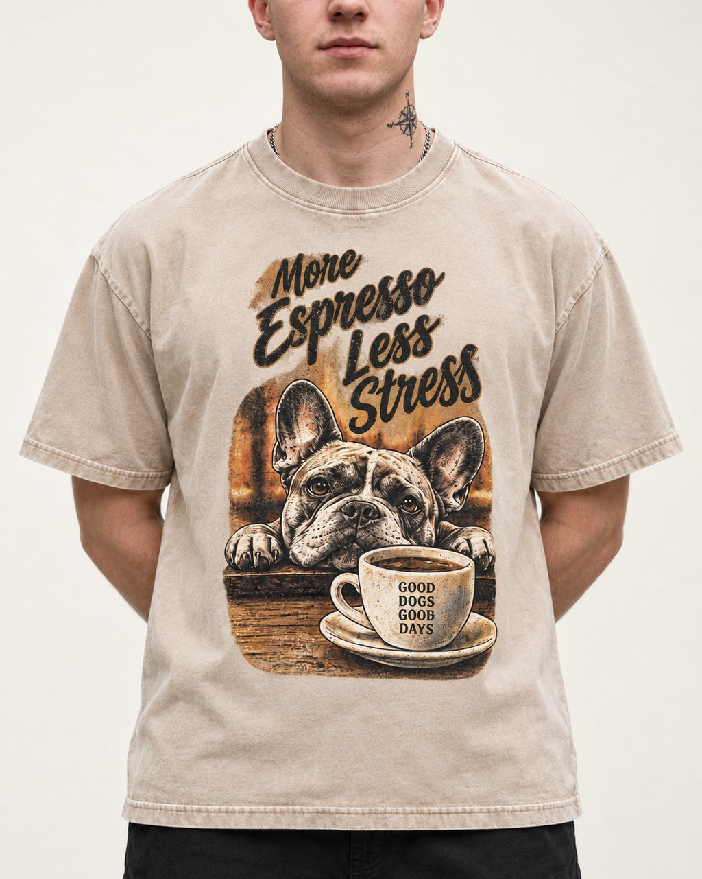 Frenchie More Espresso Less Stress Washed Tee in Apricot, worn by a model, front view