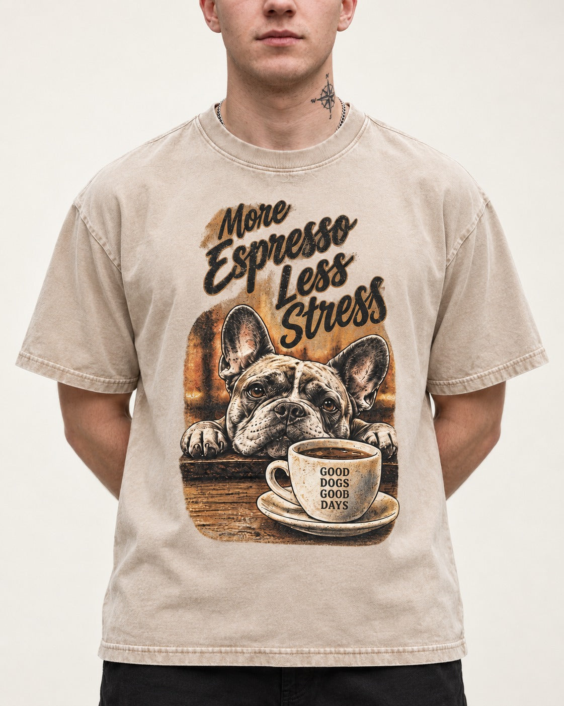 Frenchie More Espresso Less Stress Washed Tee in Apricot, worn by a model, front view