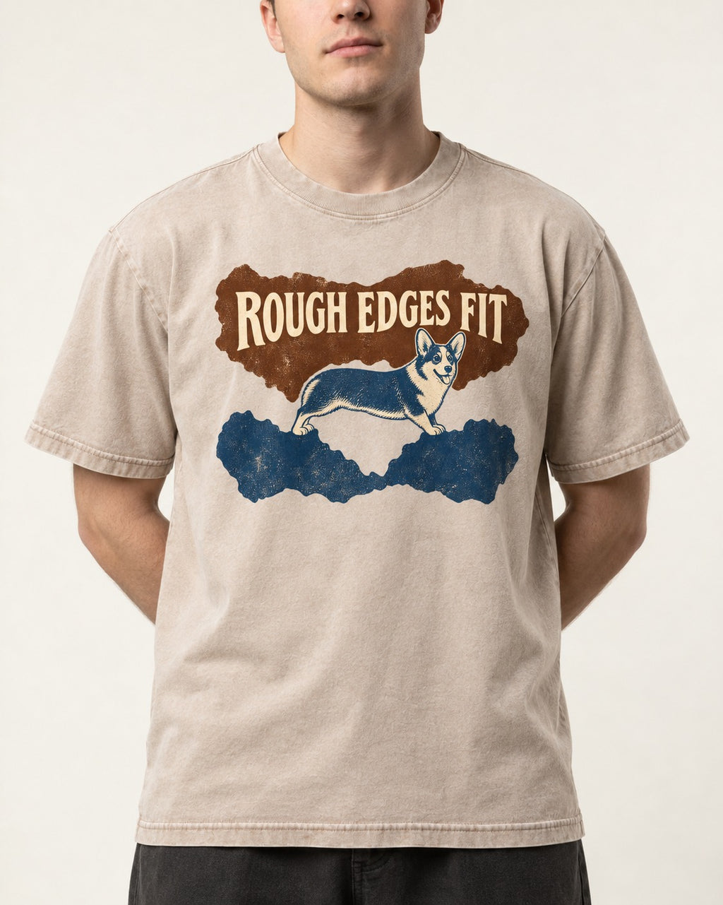 Corgi's Rough Edges Fit Washed Tee in Apricot, worn by a model, front view