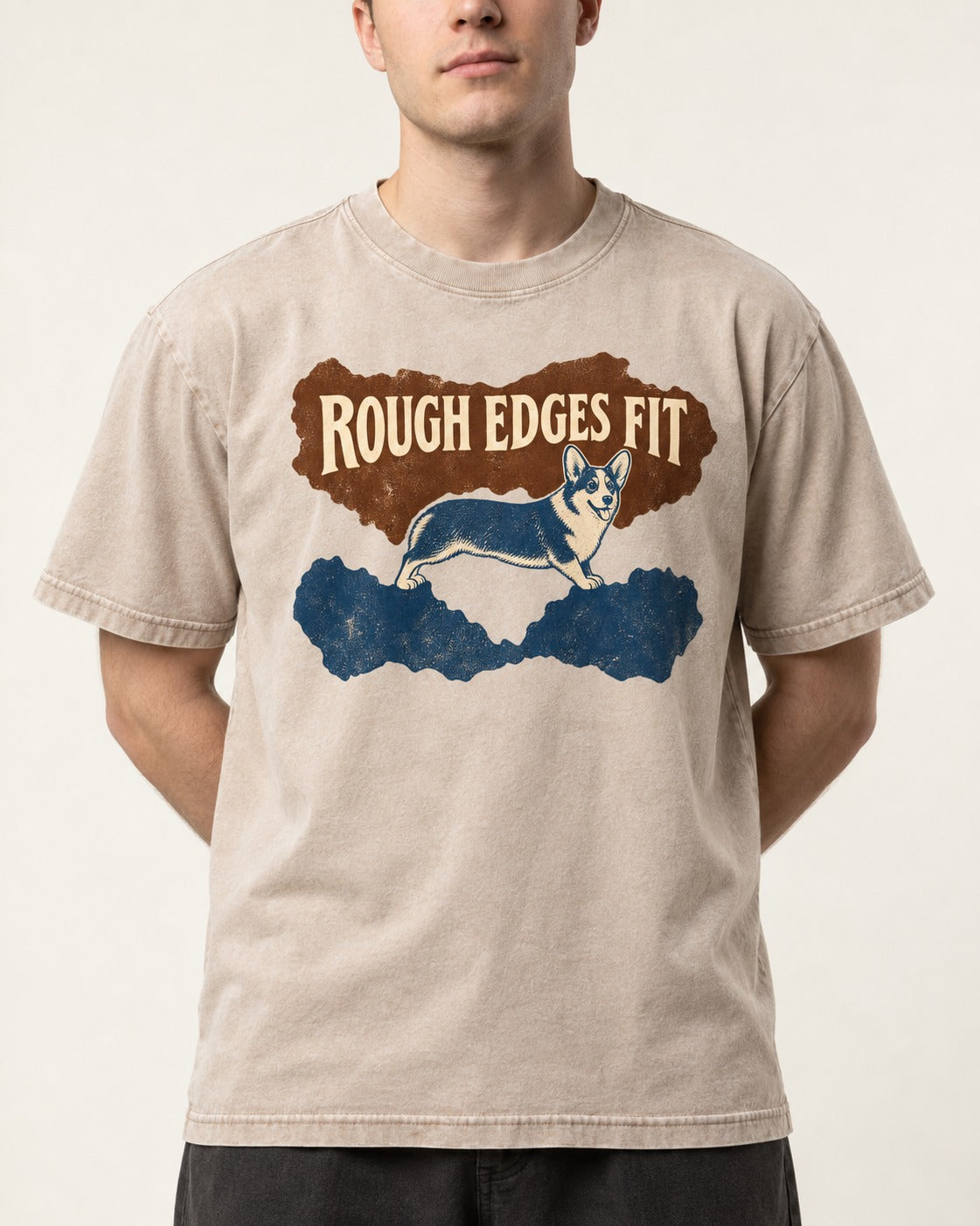 Corgi's Rough Edges Fit Washed Tee in Apricot, worn by a model, front view