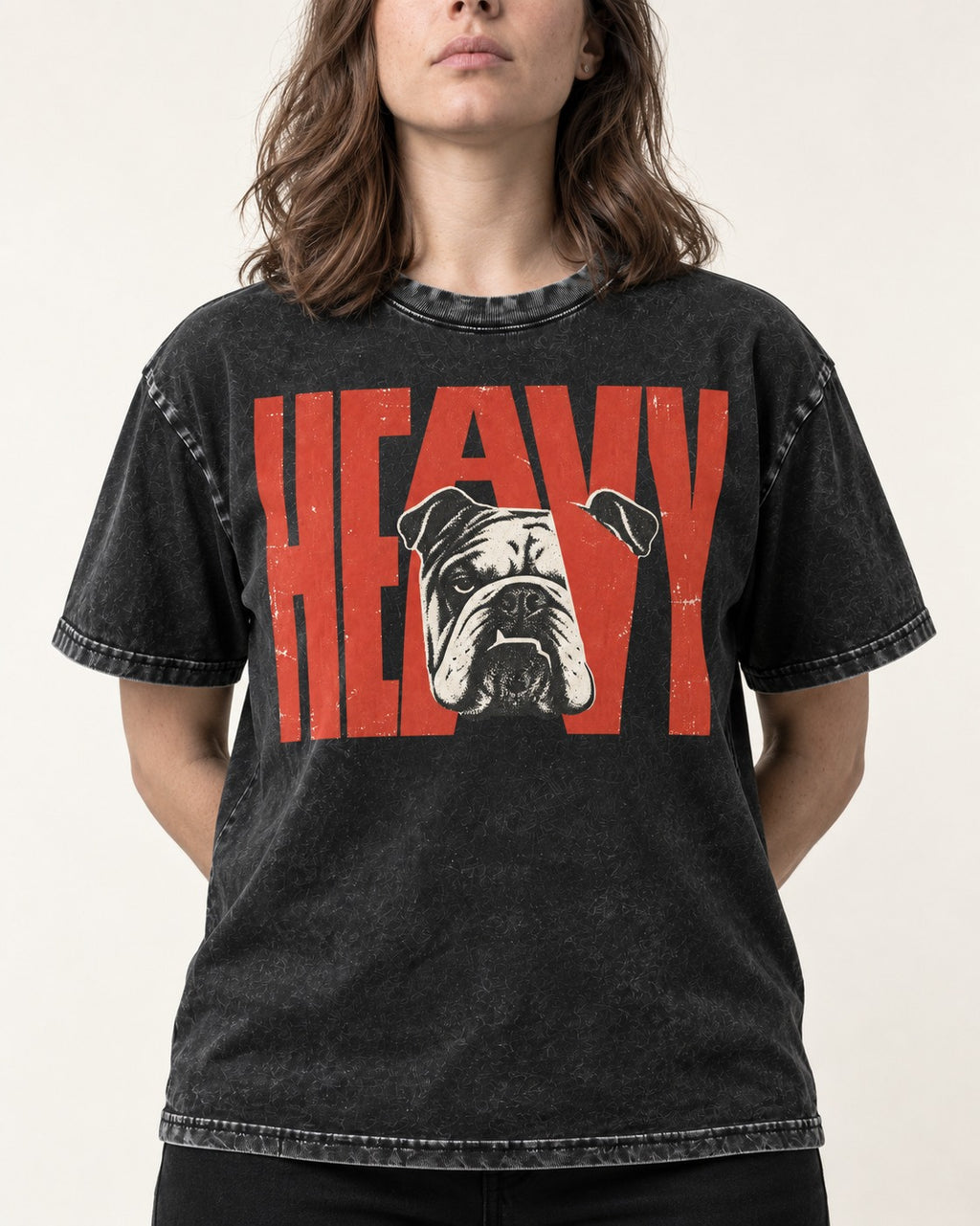 English Bulldog Heavy Stacked Portrait Graphic Washed Tee in Black, worn by a model, front view