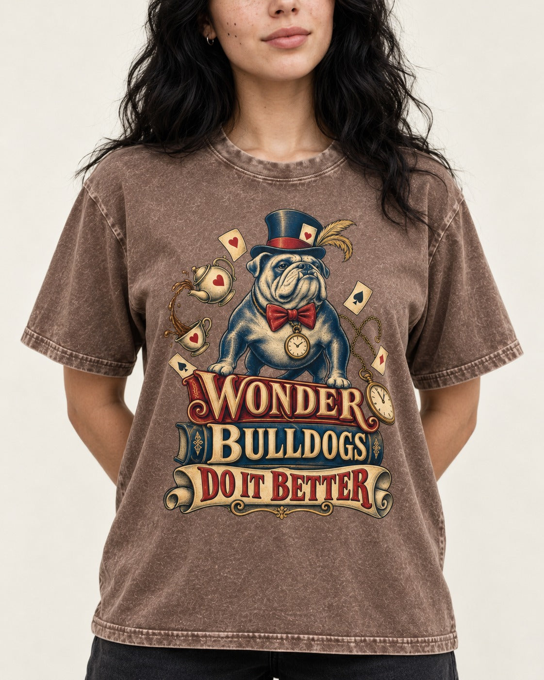 Wonder English Bulldog Washed Tee in Coffee, worn by a model, front view