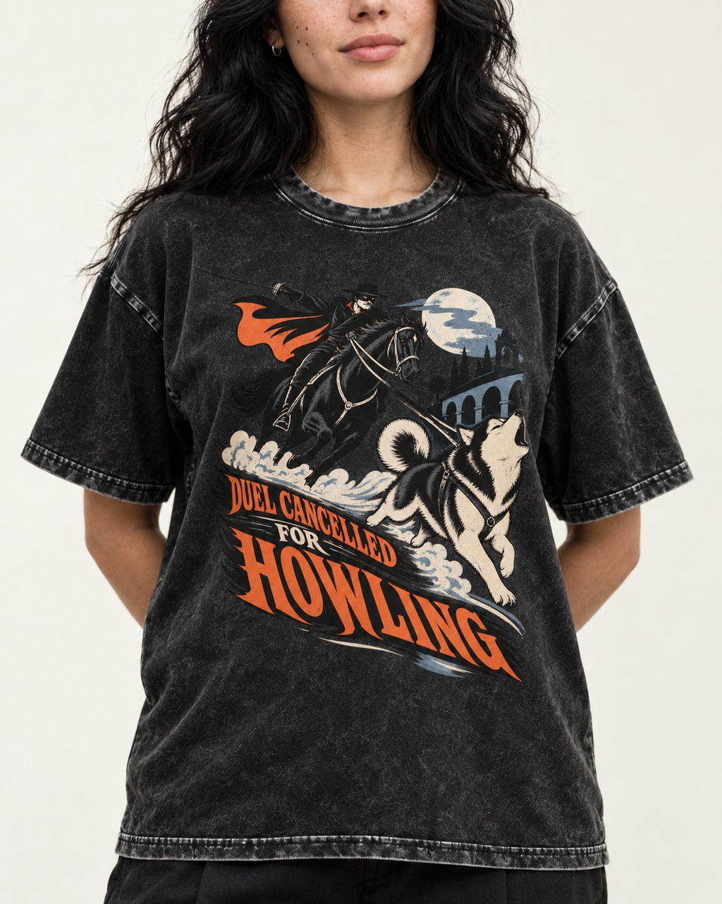 Husky Duel Cancelled for Howling Masked Rider Graphic Washed Tee in Black, worn by a model, front view