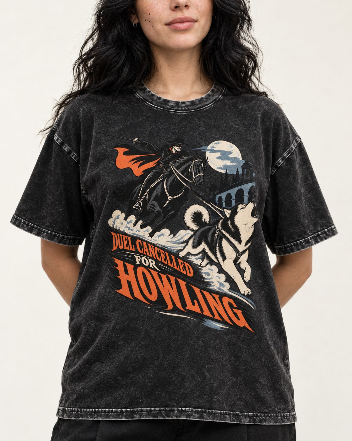Husky Duel Cancelled for Howling Masked Rider Graphic Washed Tee in Black, worn by a model, front view