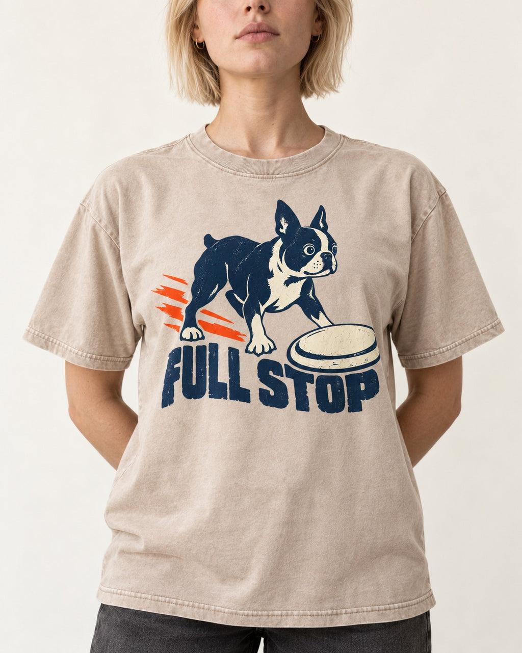 Boston Terrier Full Stop Washed Tee in Apricot, worn by a model, front view