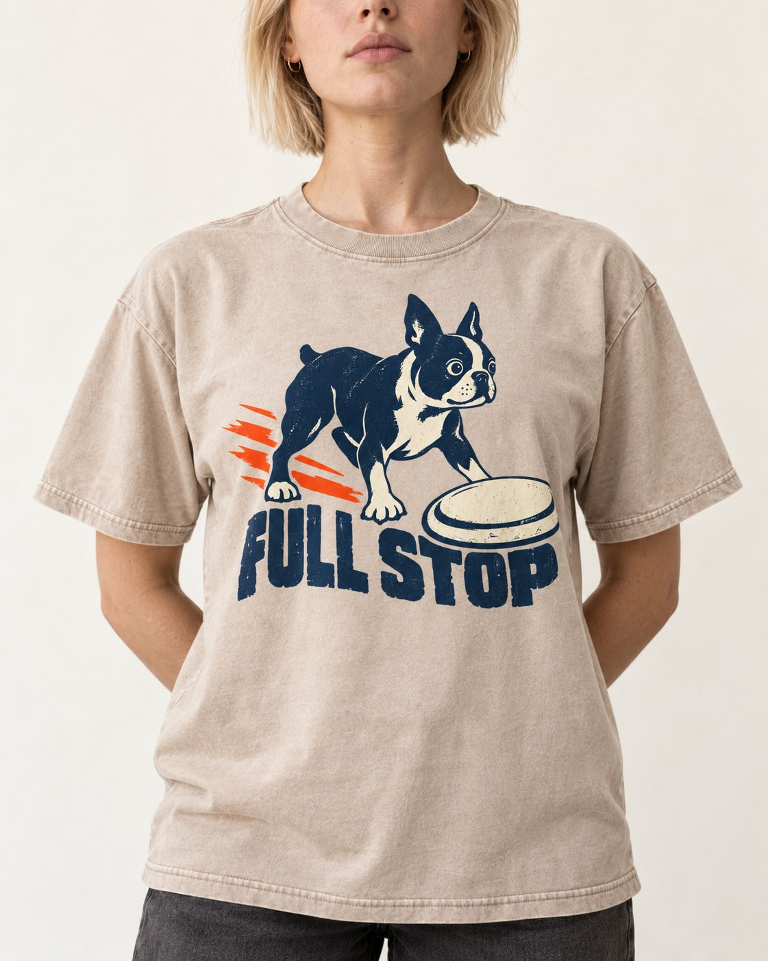 Boston Terrier Full Stop Washed Tee in Apricot, worn by a model, front view