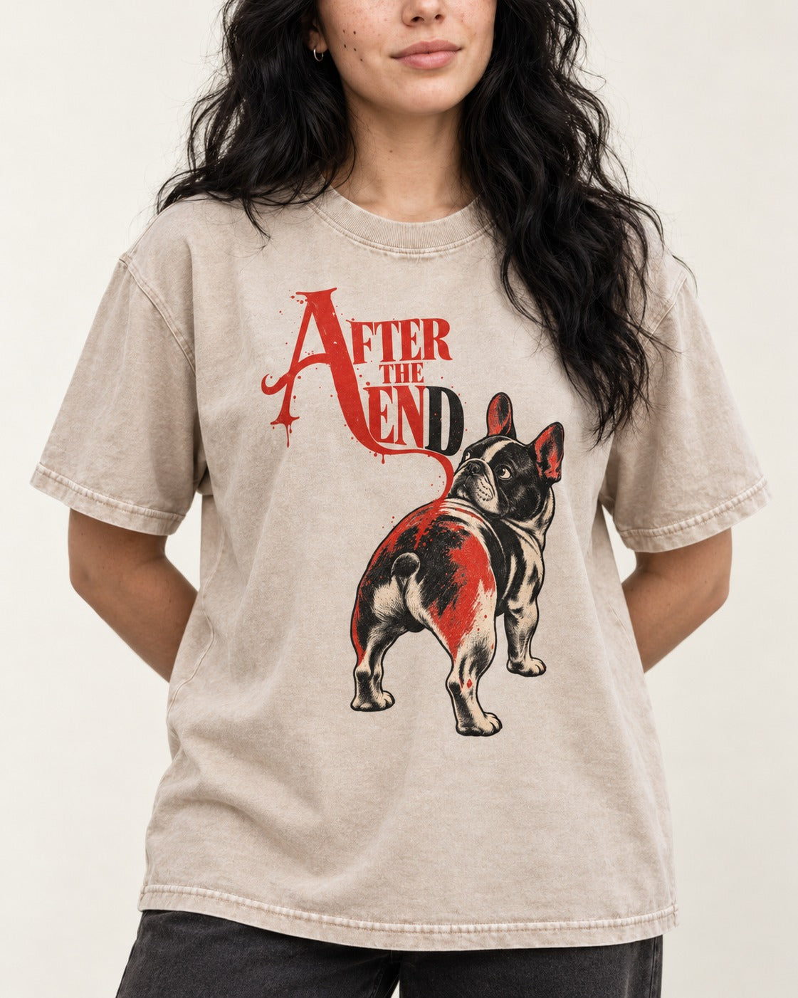 Frenchie After the End Washed Tee in Apricot, worn by a model, front view