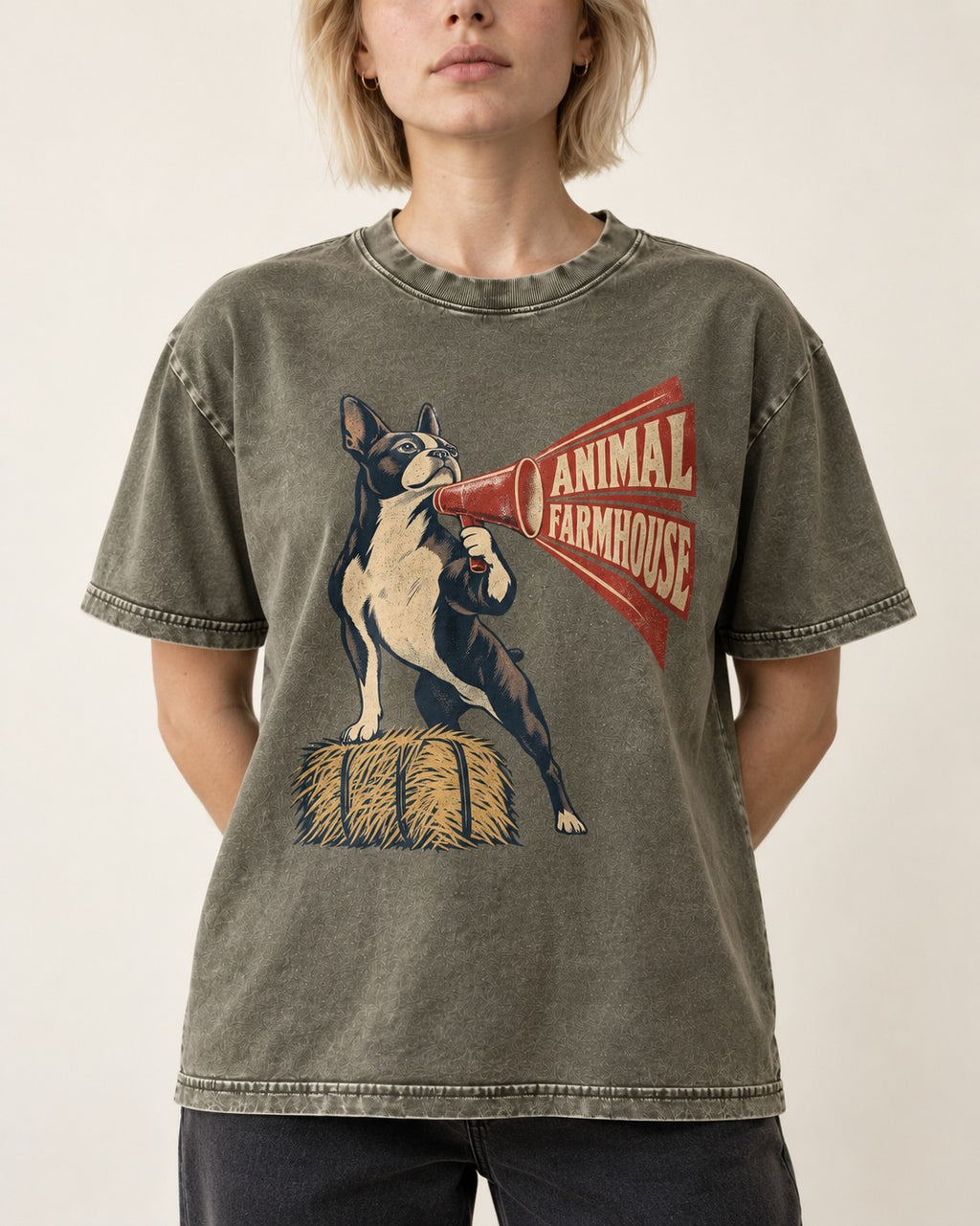 Animal Farmhouse Boston Terrier Washed Tee in Army Green, worn by a model, front view