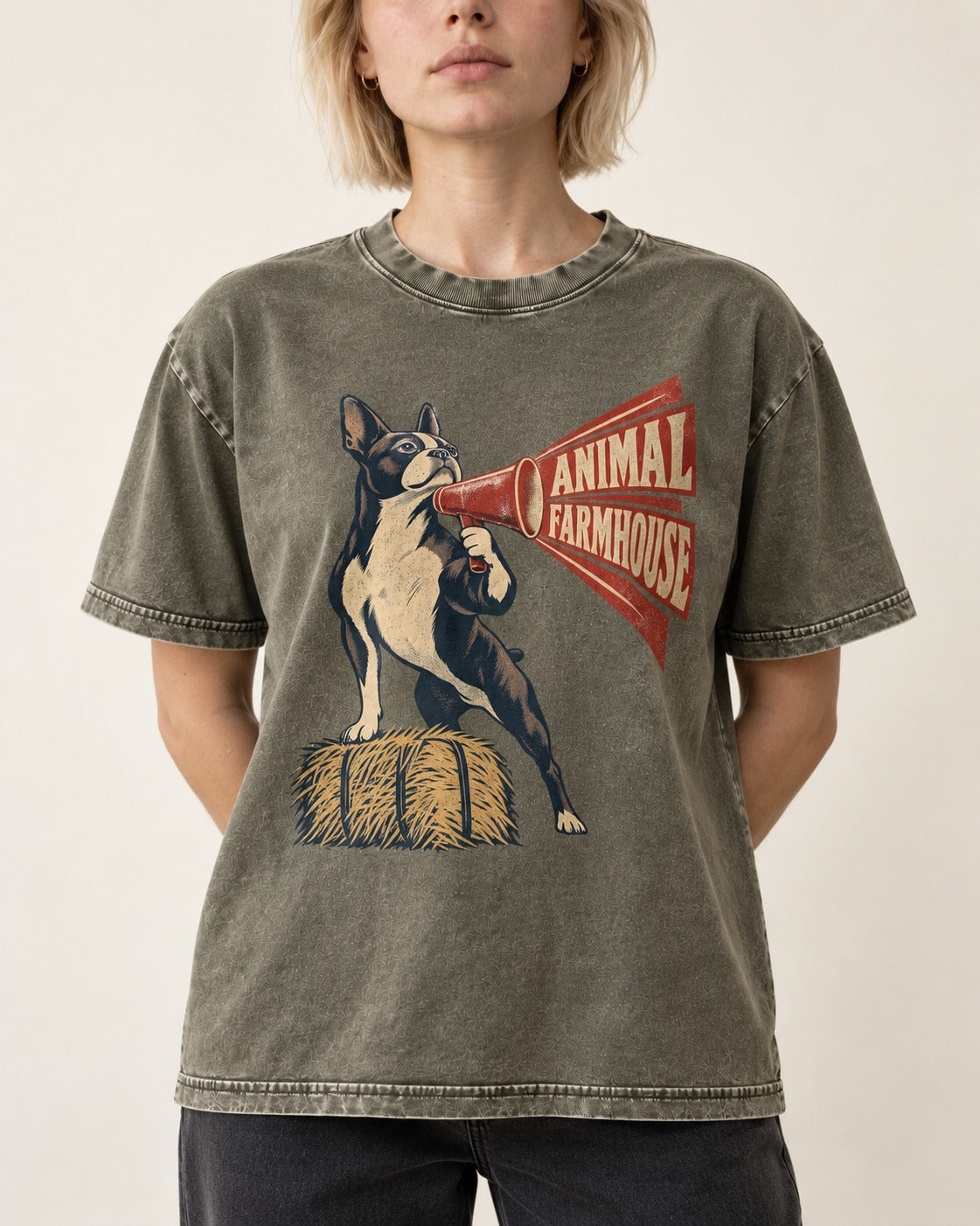 Animal Farmhouse Boston Terrier Washed Tee in Army Green, worn by a model, front view