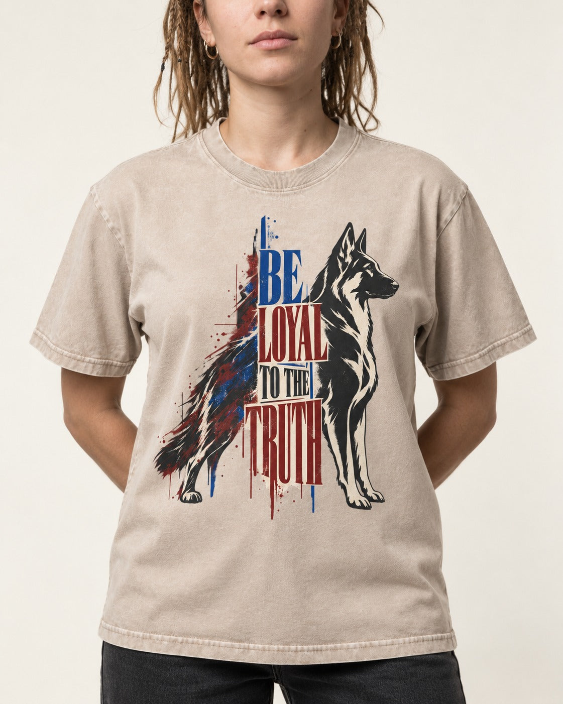Loyal to the Truth German Shepherd Dog Washed Tee in Apricot, worn by a model, front view