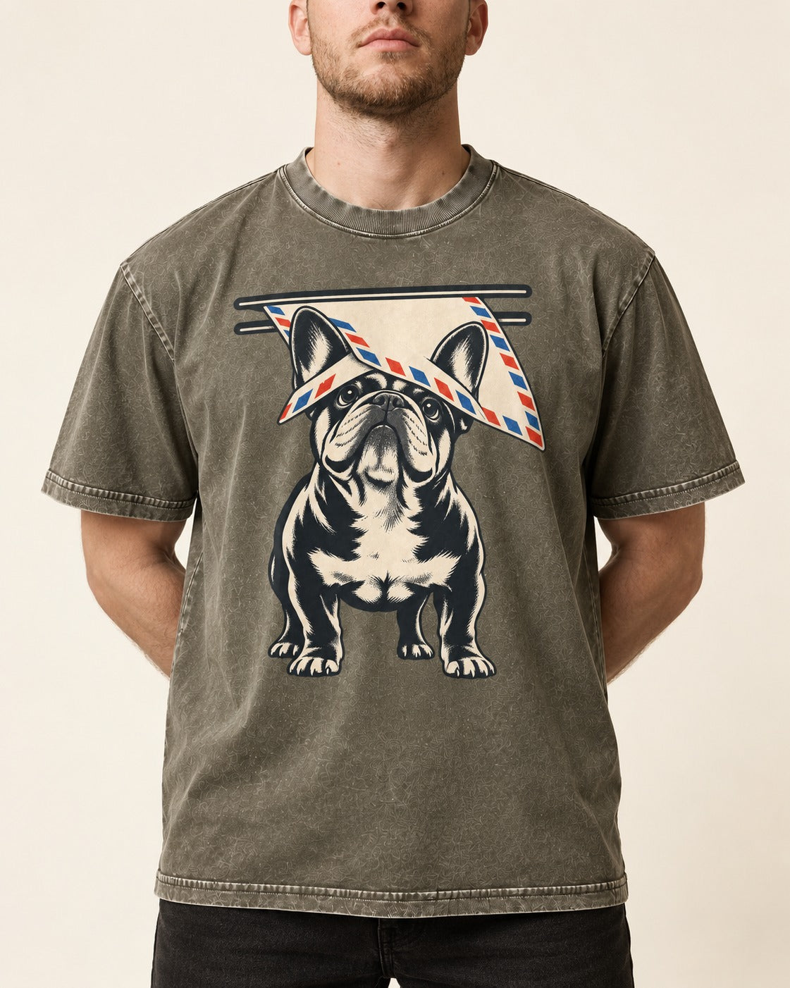Frenchie Mail Slot Intercept Graphic Washed Tee in Army Green, worn by a model, front view
