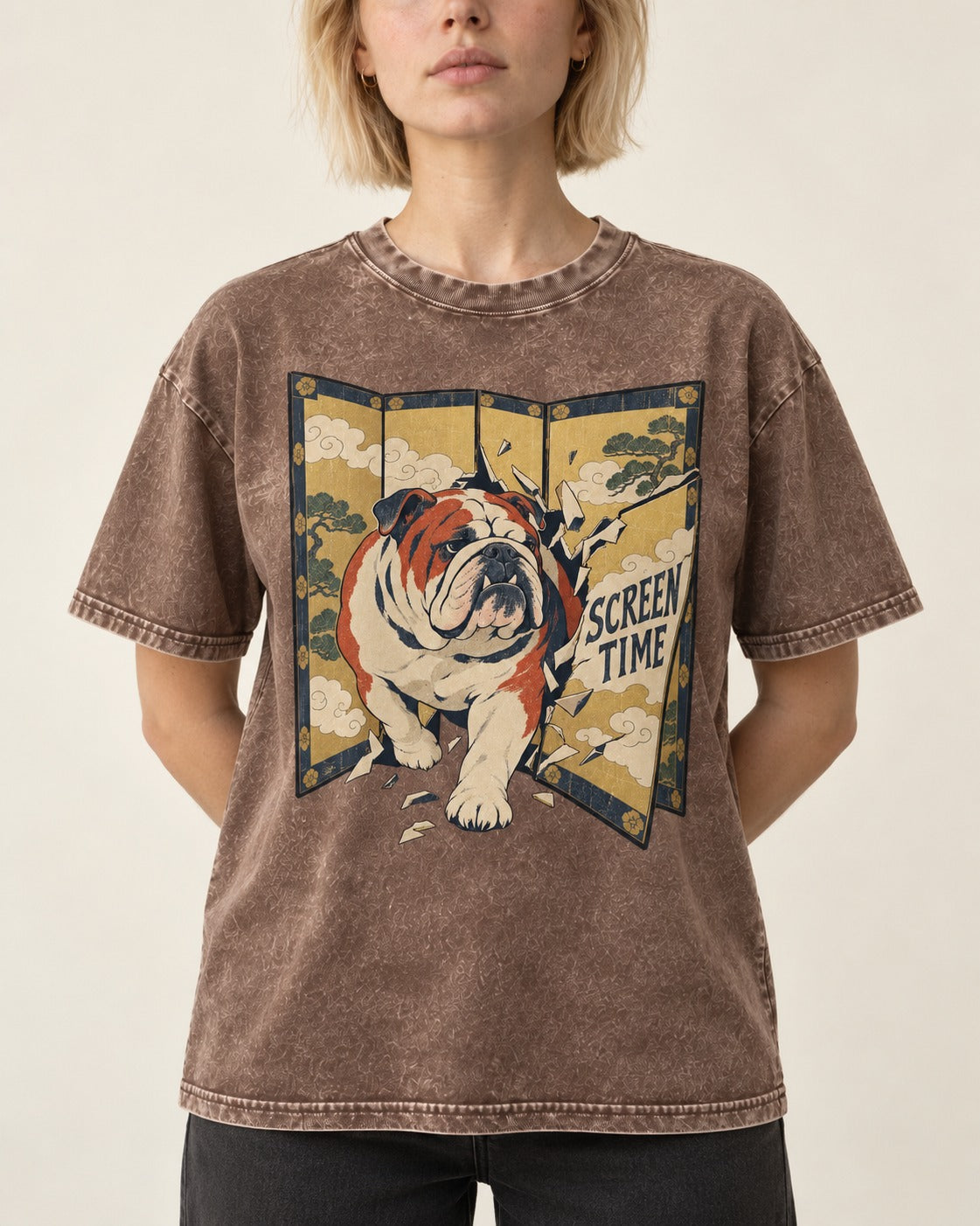 English Bulldog Screen Time Washed Tee in Coffee, worn by a model, front view