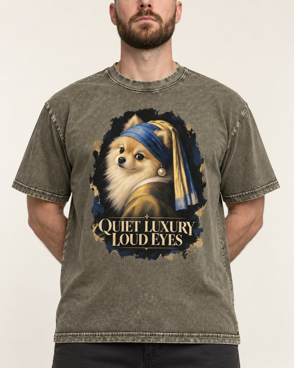 Pomeranian Quiet Luxury Loud Eyes Pearl Portrait Graphic Washed Tee in Army Green, worn by a model, front view