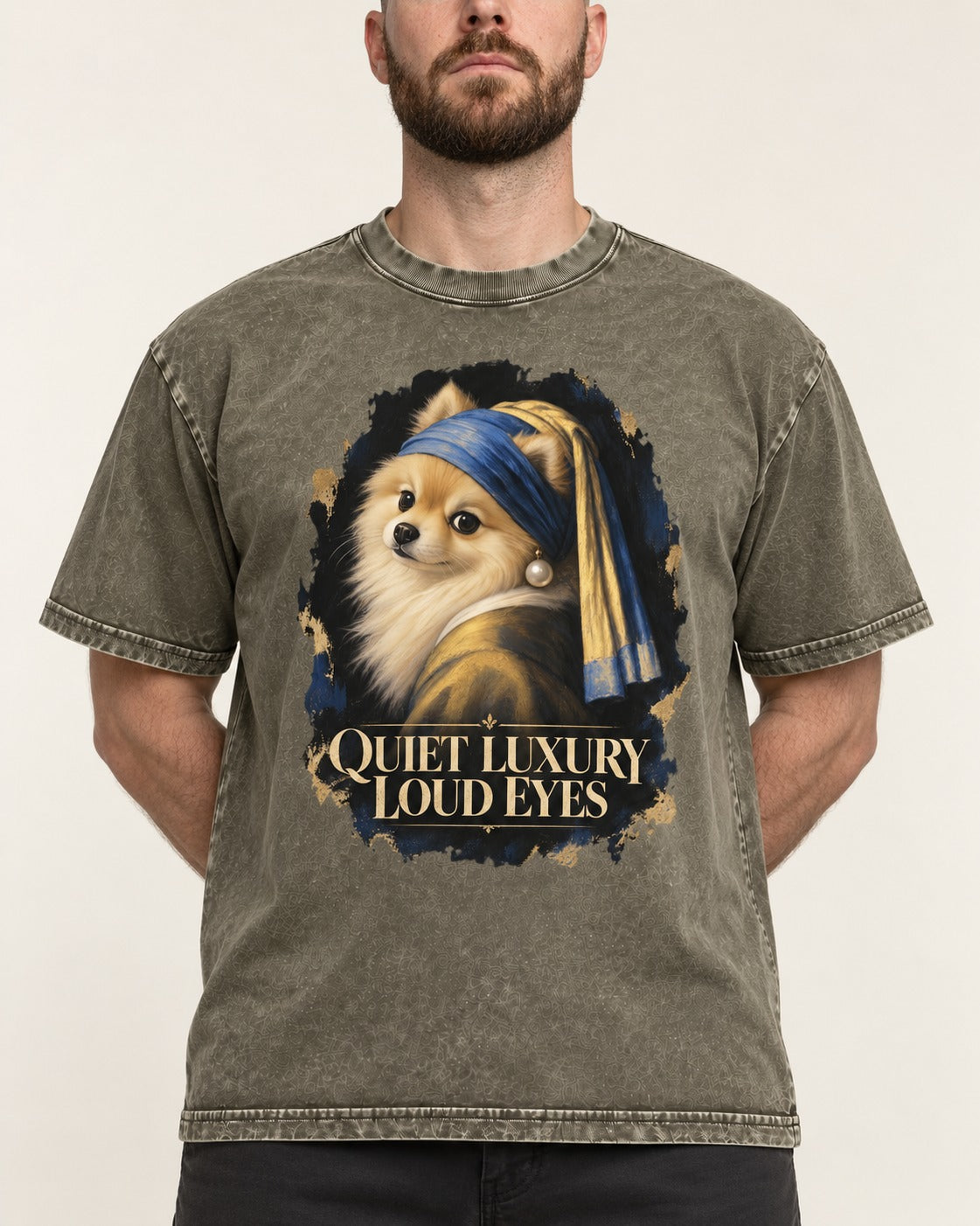 Pomeranian Quiet Luxury Loud Eyes Pearl Portrait Graphic Washed Tee in Army Green, worn by a model, front view
