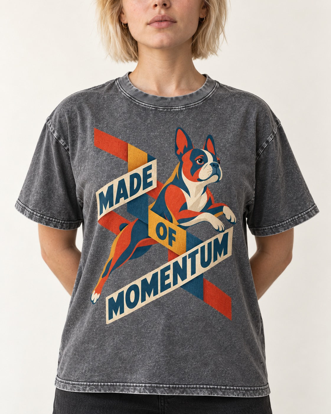 Made of Momentum Boston Terrier Washed Tee in Gray, worn by a model, front view