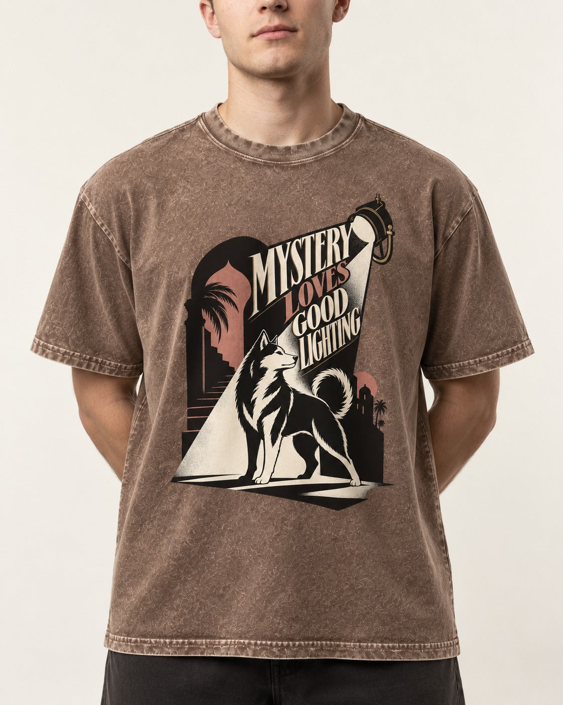 Husky Loves Good Lighting Washed Tee in Coffee, worn by a model, front view