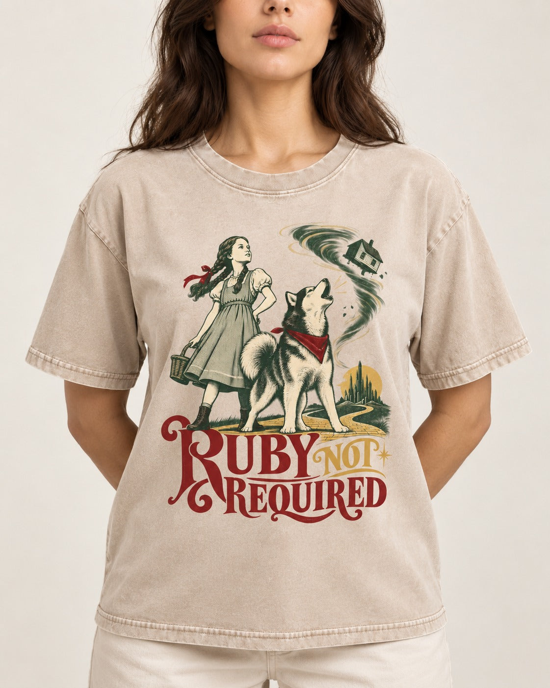 Ruby Not Required for Husky Washed Tee in Apricot, worn by a model, front view