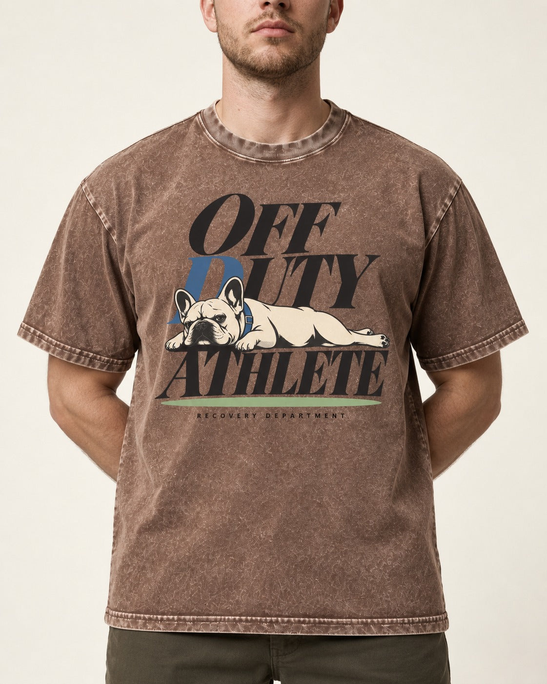 Off Duty Athlete Frenchie Washed Tee in Coffee, worn by a model, front view