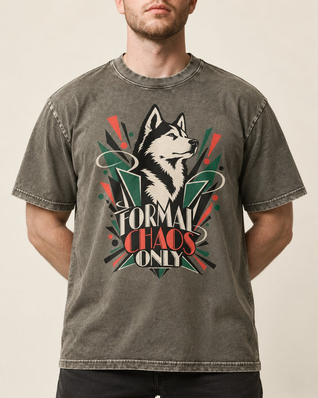 Husky Formal Chaos Only Art Deco Portrait Graphic Washed Tee in Army Green, worn by a model, front view
