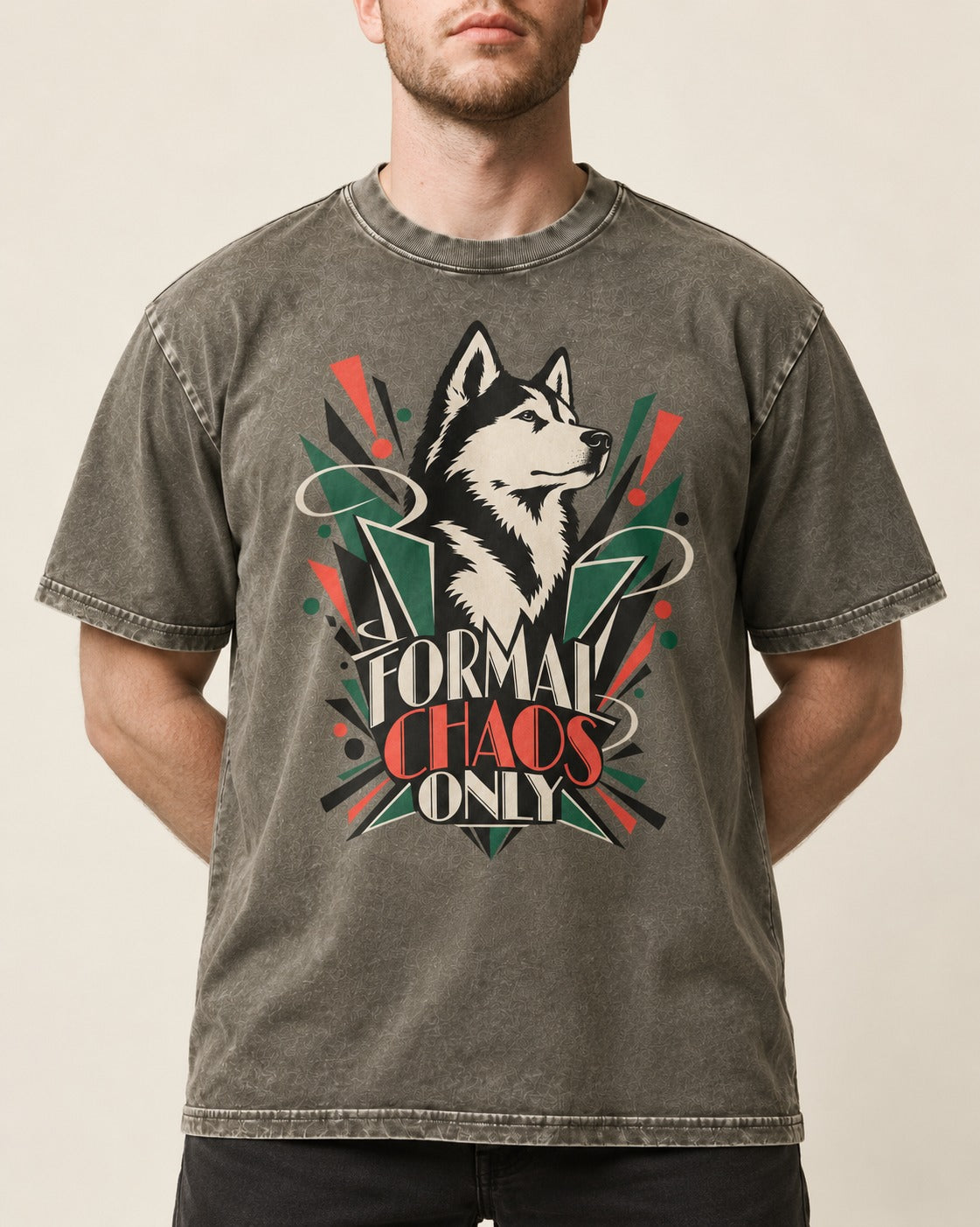 Husky Formal Chaos Only Art Deco Portrait Graphic Washed Tee in Army Green, worn by a model, front view