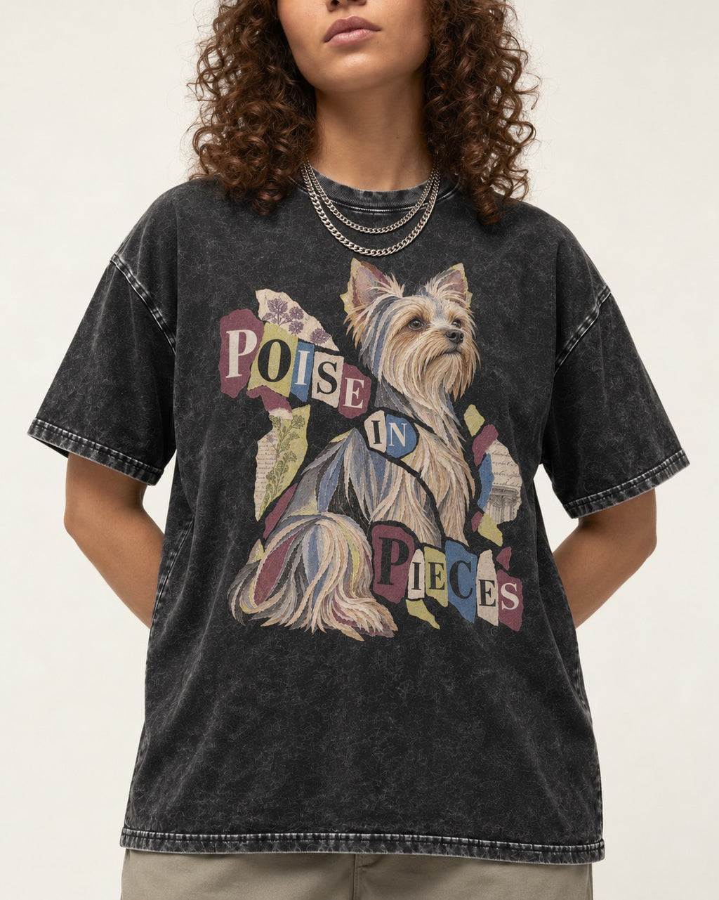 Yorkshire Terrier Poise in Pieces Torn Paper Collage Graphic Washed Tee in Black, worn by a model, front view