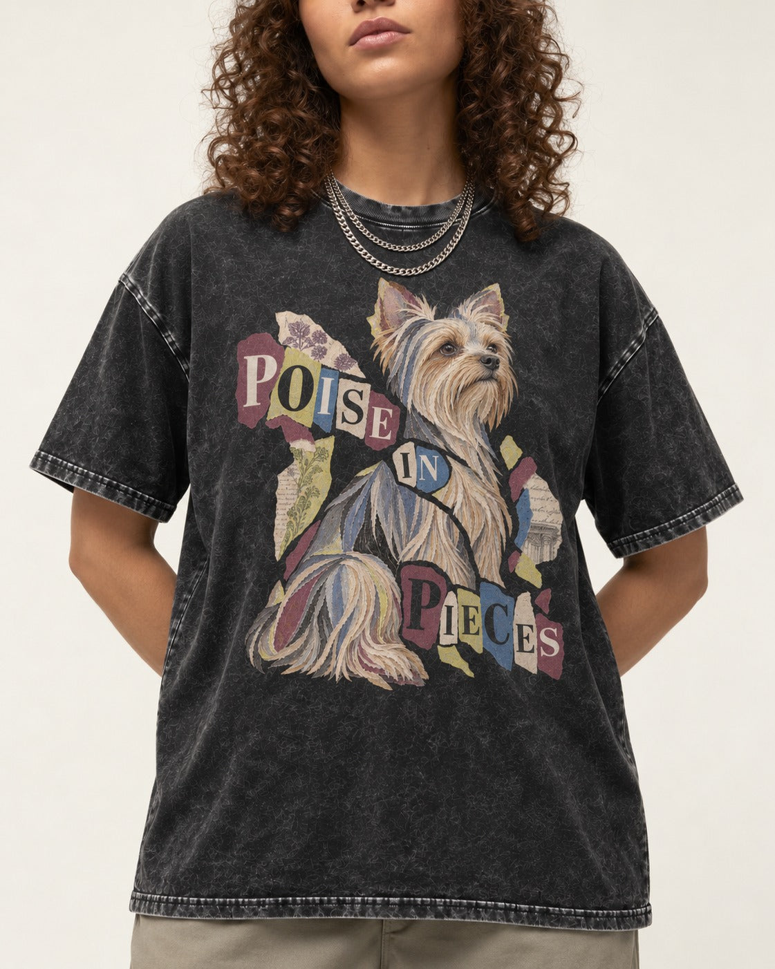 Yorkshire Terrier Poise in Pieces Torn Paper Collage Graphic Washed Tee in Black, worn by a model, front view