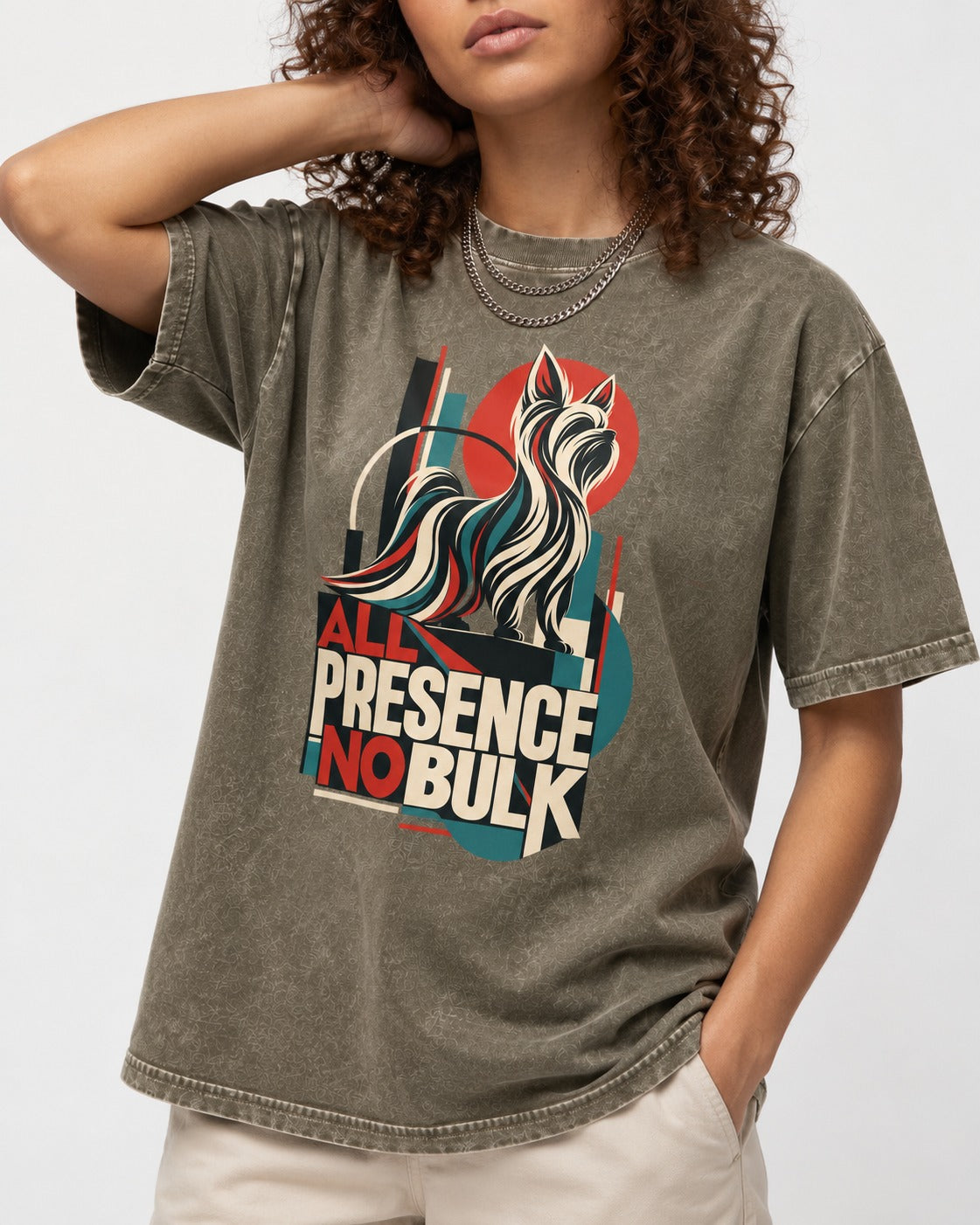Yorkshire Terrier All Presence No Bulk Geometric Portrait Graphic Washed Tee in Army Green, worn by a model, front view