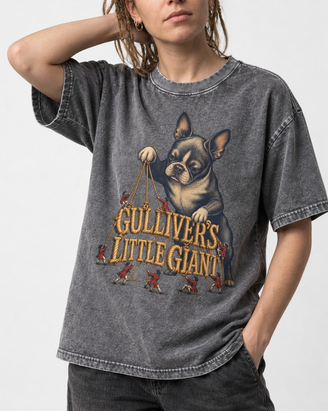 Boston Terrier Gulliver’s Little Giant Washed Tee in Gray, worn by a model, front view