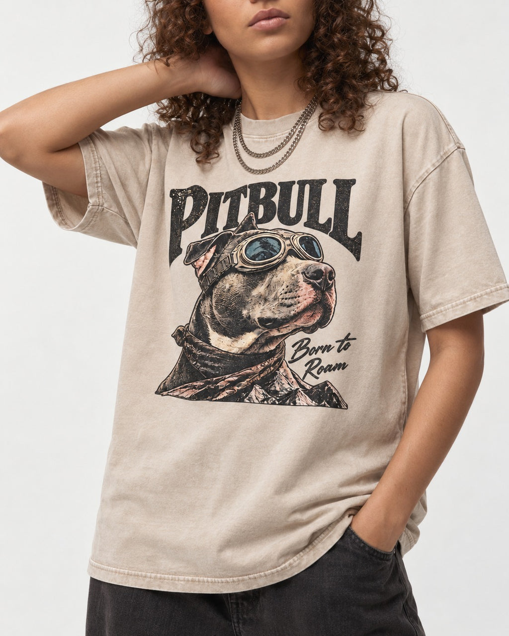 Pitbull Born to Roam Washed Tee in Apricot, worn by a model, front view
