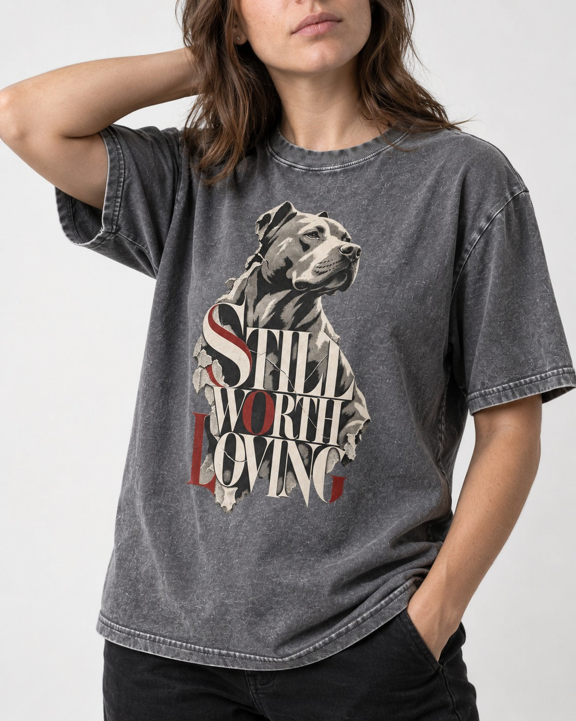 Pitbull Still Worth Loving Torn Poster Portrait Graphic Washed Tee in Gray, worn by a model, front view