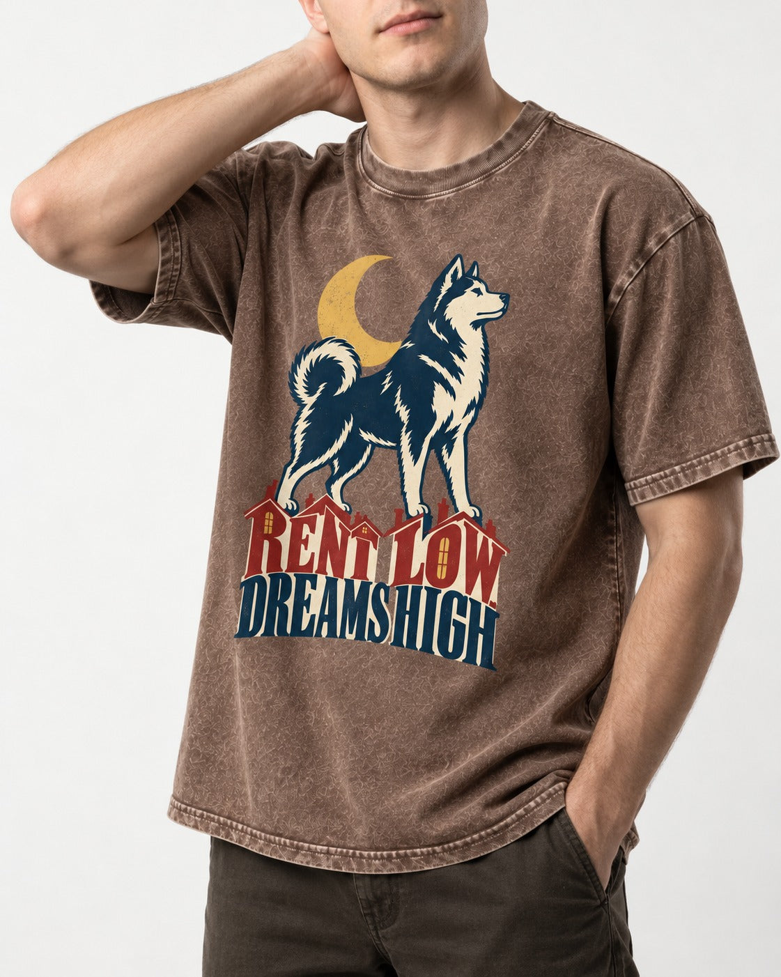 Husky Dreams High Washed Tee in Coffee, worn by a model, front view