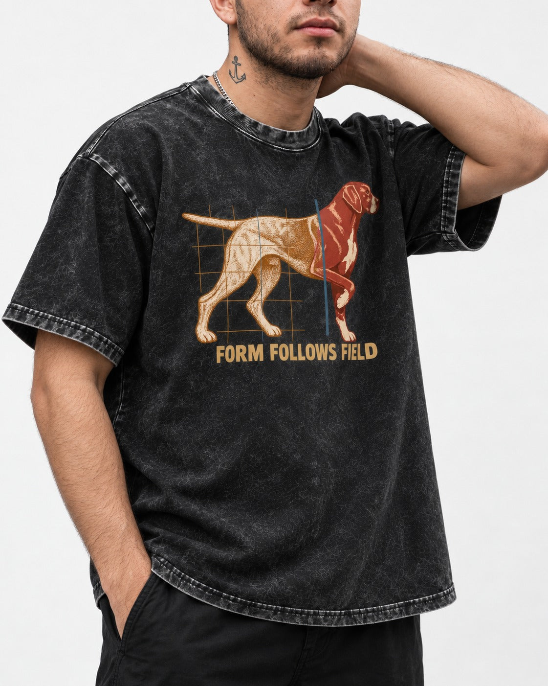 German Shorthaired Pointer Form Follows Field Grid Graphic Washed Tee in Black, worn by a model, front view