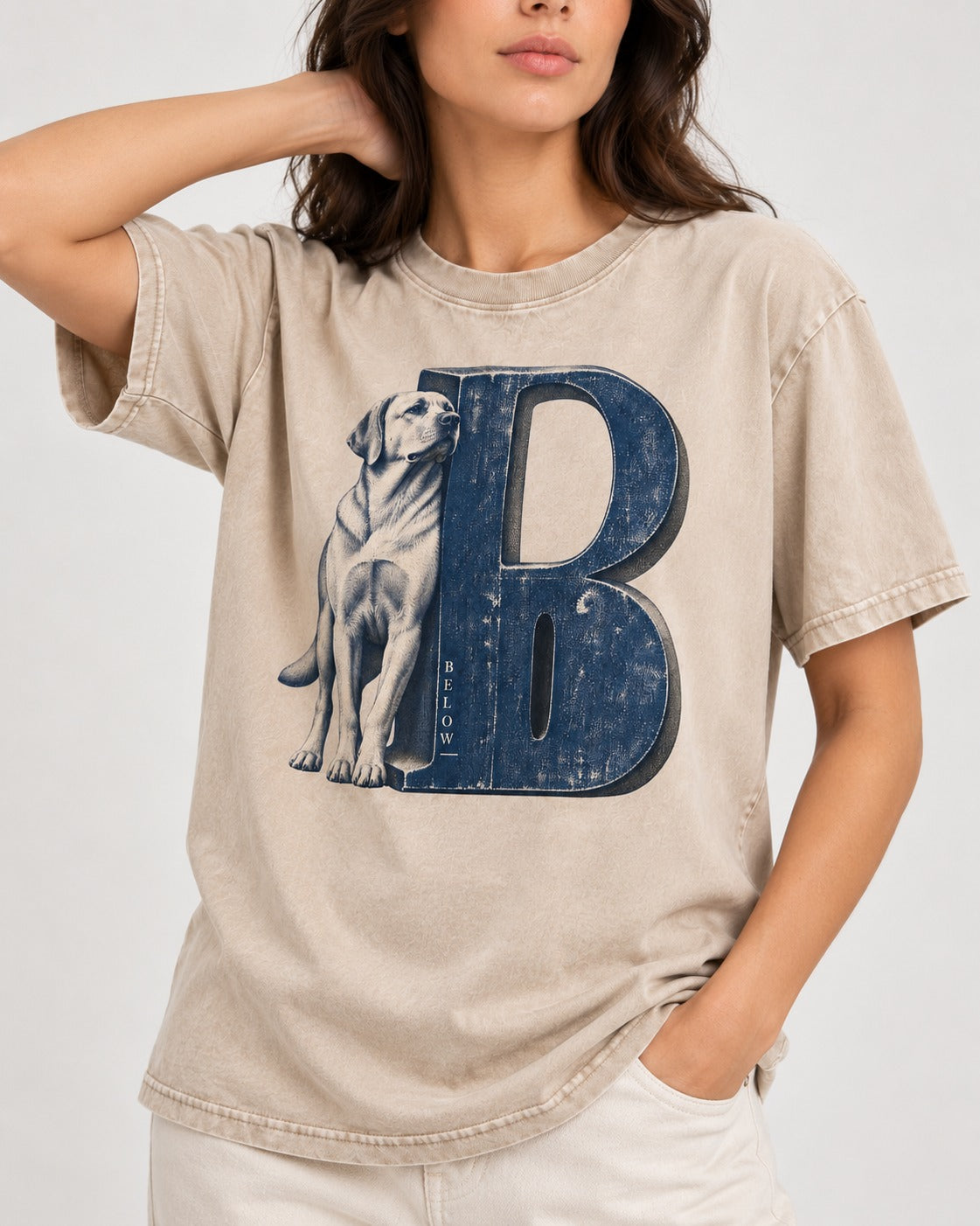 Labrador Retriever Below Washed Tee in Apricot, worn by a model, front view