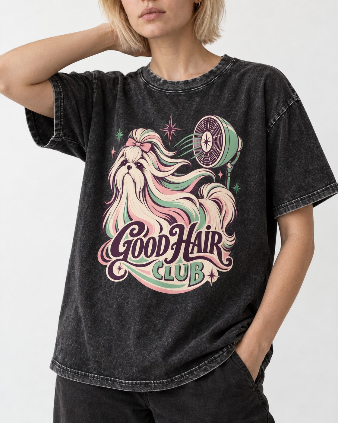 Shih Tzu Good Hair Club Salon Fan Graphic Washed Tee in Black, worn by a model, front view