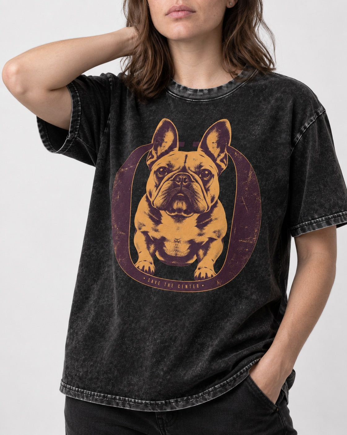 Frenchie Save the Center Oval Portrait Graphic Washed Tee in Black, worn by a model, front view