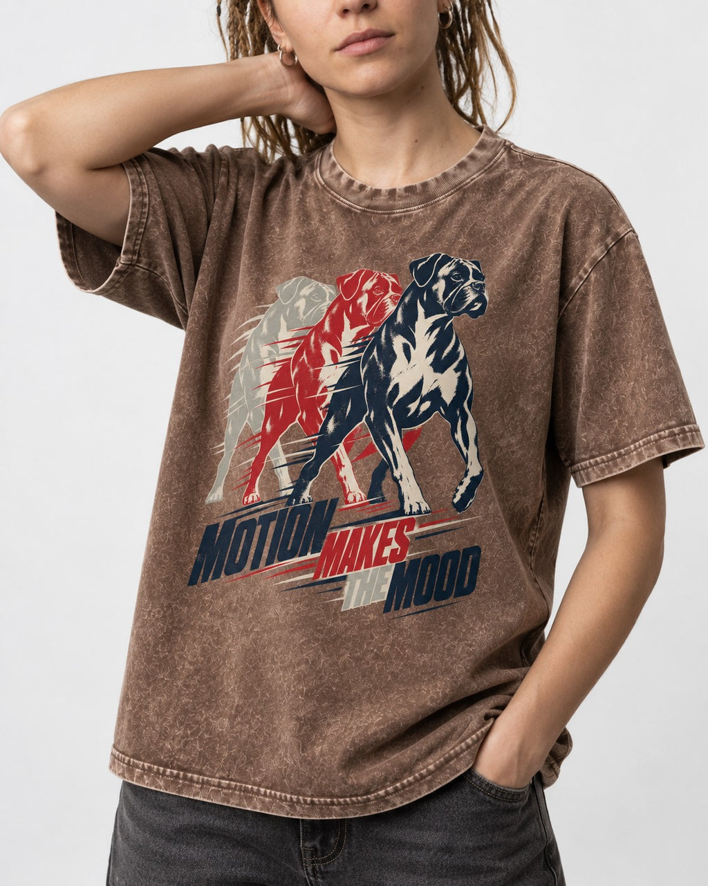 Boxer Motion Makes the Mood Washed Tee in Coffee, worn by a model, front view