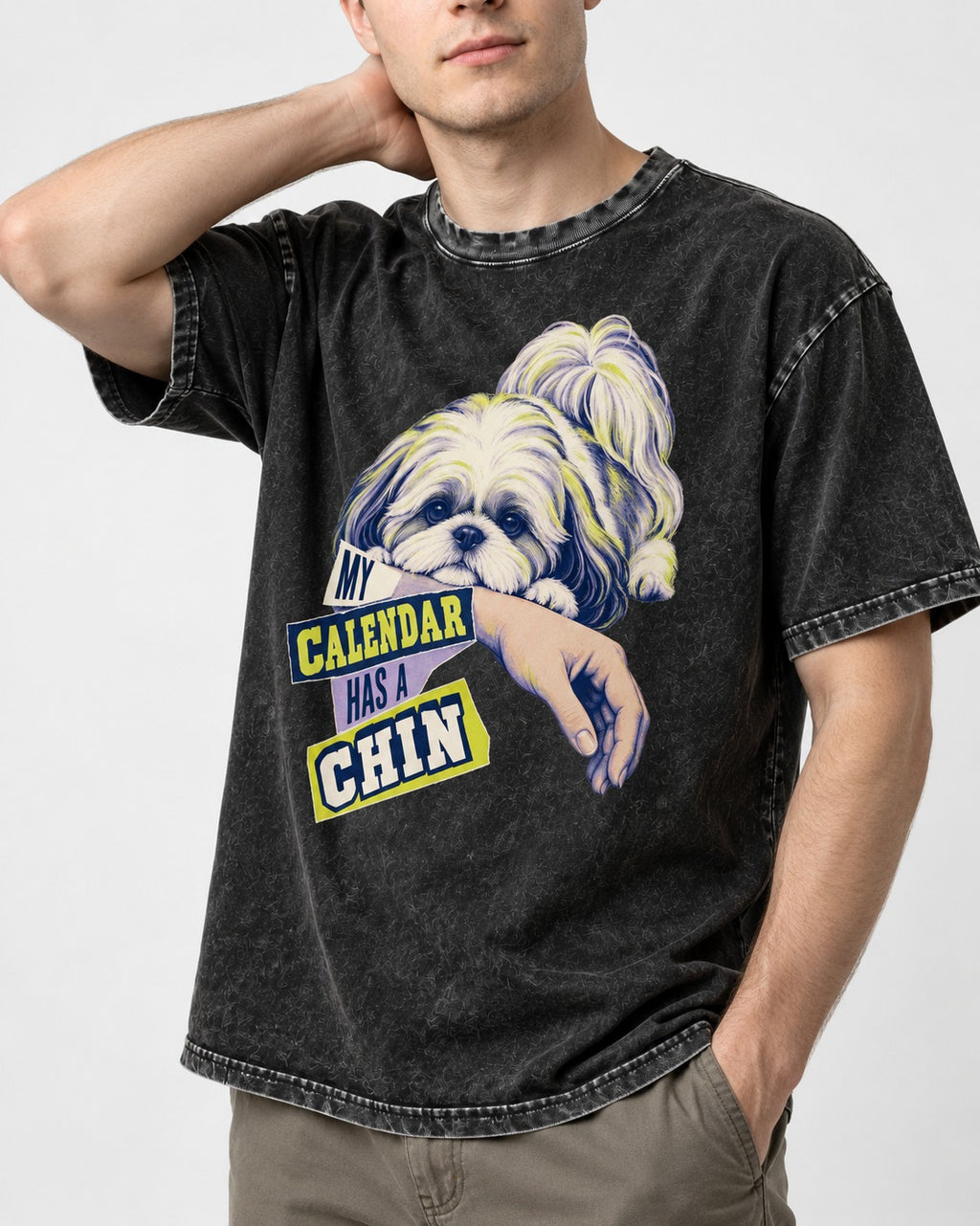 Shih Tzu My Calendar Has a Chin Arm Rest Graphic Washed Tee in Black, worn by a model, front view