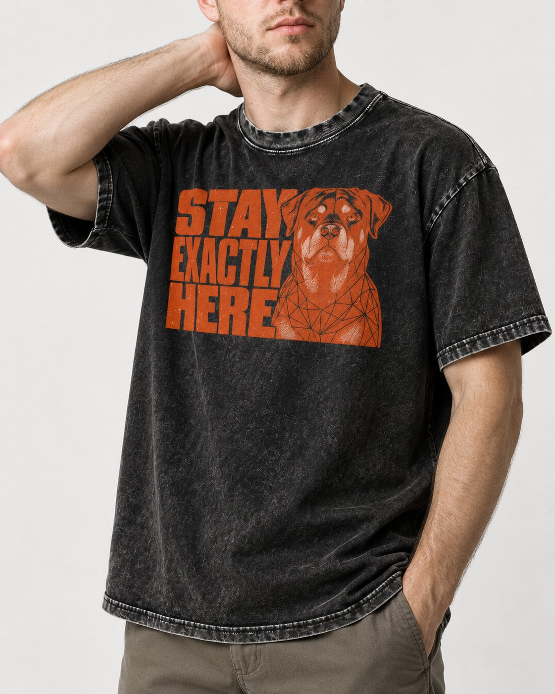 Rottweiler Stay Exactly Here Block Portrait Graphic Washed Tee in Black, worn by a model, front view