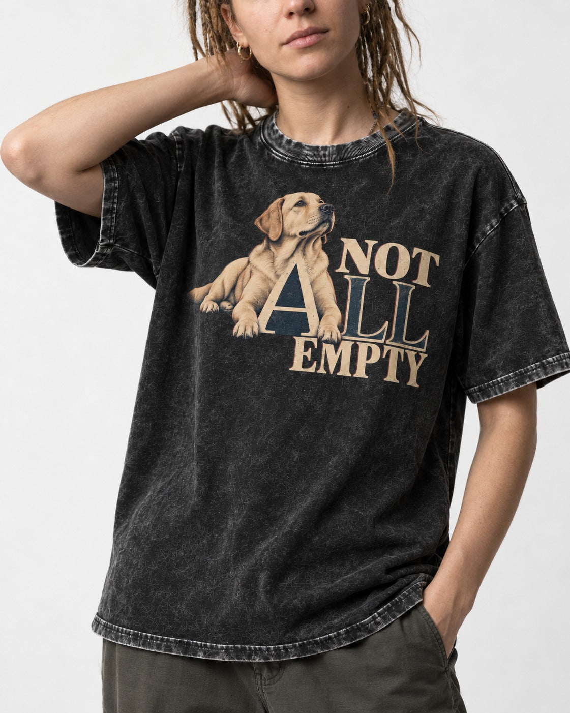 Labrador Retriever Not All Empty Lounging Typography Graphic Washed Tee in Black, worn by a model, front view