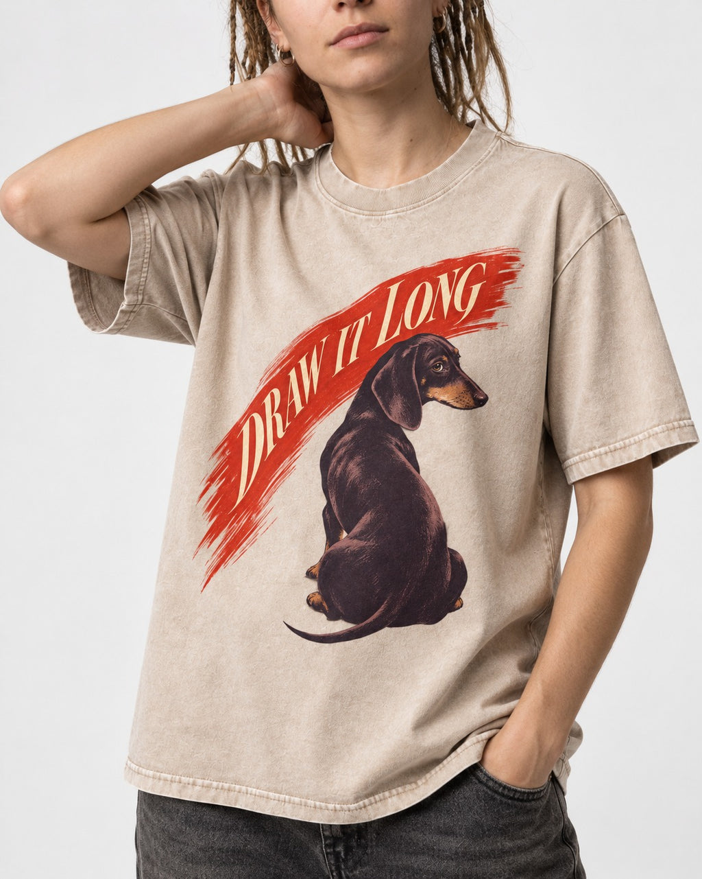 Draw It Long Dachshund Washed Tee in Apricot, worn by a model, front view